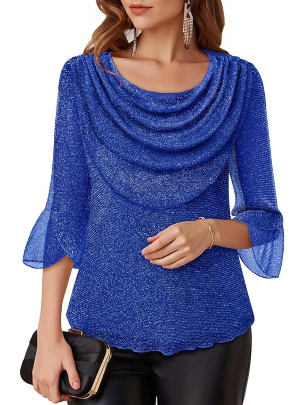 Women's Blue Cowl Neck Blouse Dressy Casual Outfit 3/4 Sleeve Sparkly Top